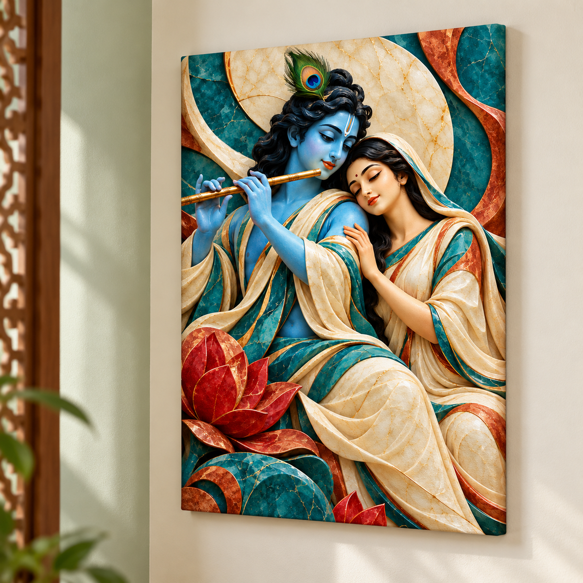 Radha Krishna Flowing Marble Harmony Canvas
