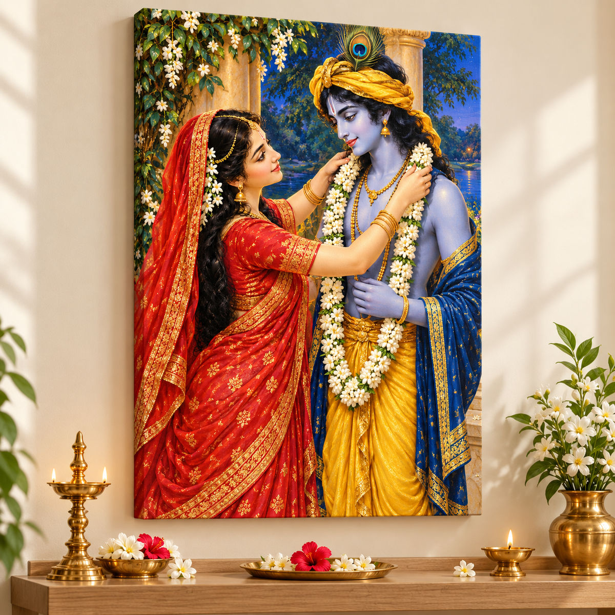Radha Krishna Garden Garland Offering Canvas