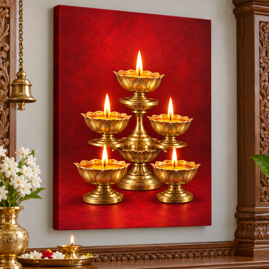 Five Diyas Crimson Celebration Canvas