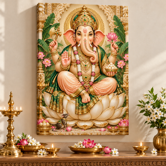 Lord Ganesha Botanical Lotus Serenity Canvas