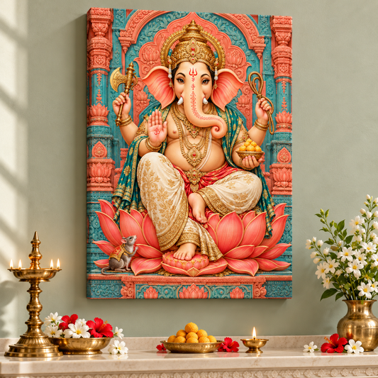 Lord Ganesha Coral Lotus Temple Canvas