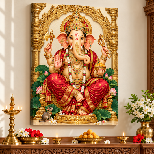 Lord Ganesha Crimson Silk Golden Arch Canvas