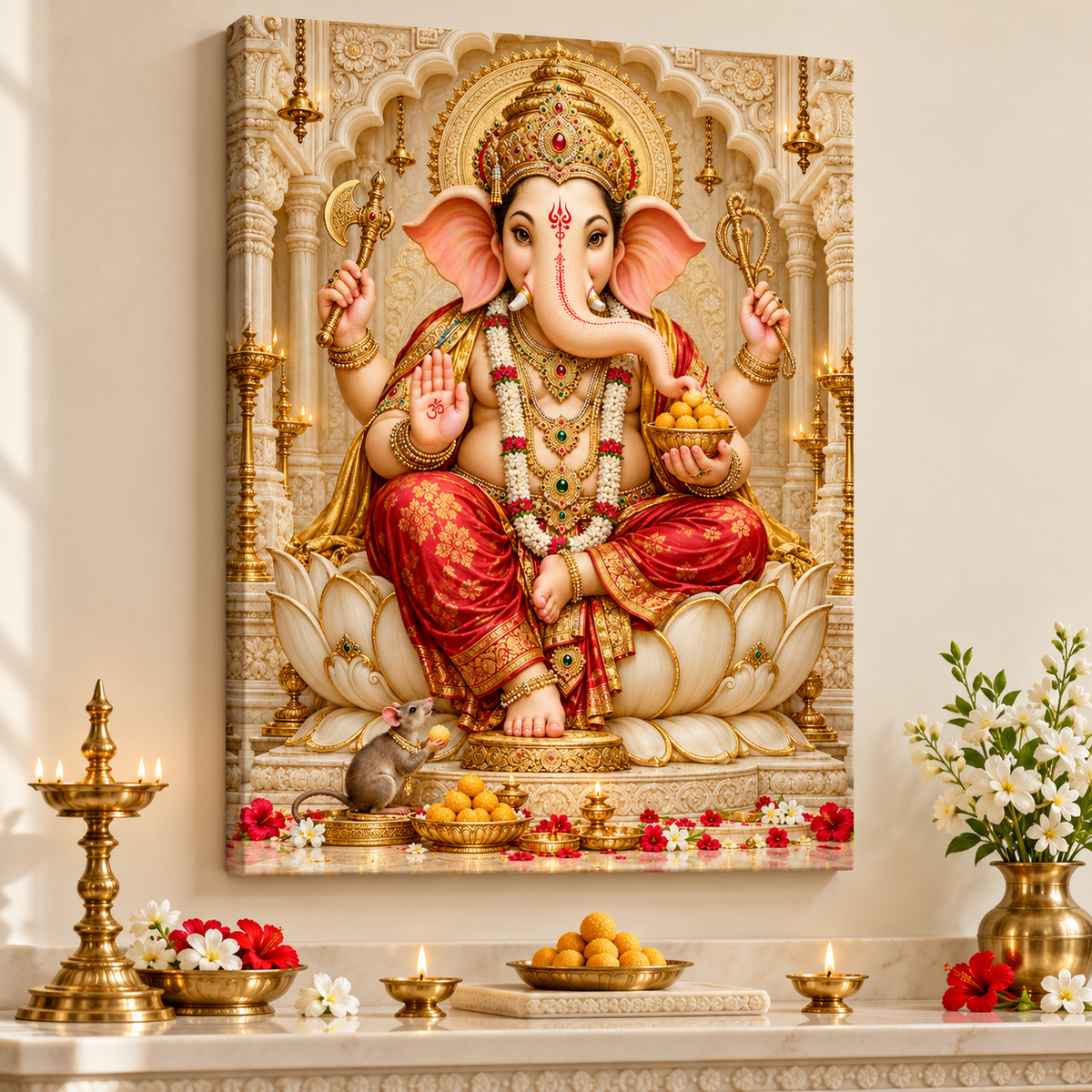 Lord Ganesha Ivory Gold Lotus Throne Canvas