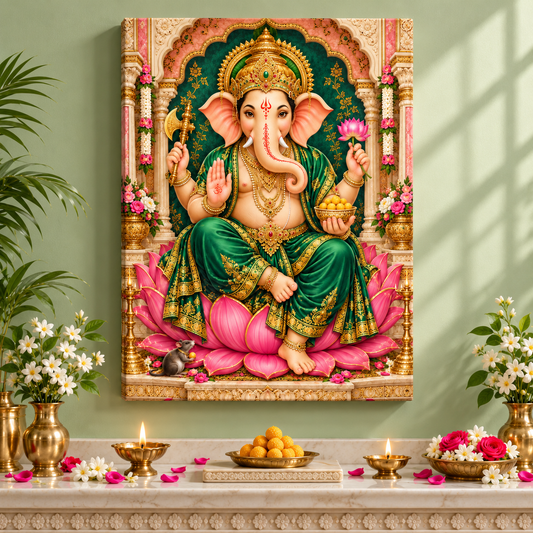 Lord Ganesha Pink Lotus Emerald Silk Canvas