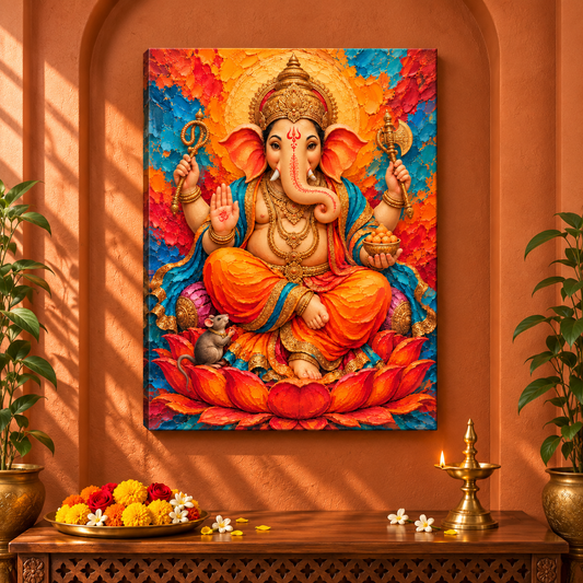Lord Ganesha Saffron Lotus Impasto Canvas