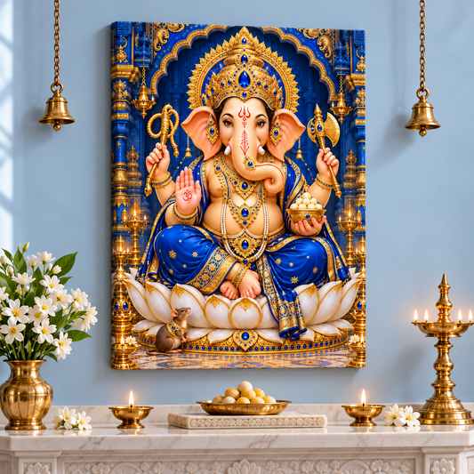 Lord Ganesha Sapphire Crown Blessings Canvas