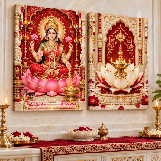 Mother Lakshmi Ivory Lotus Offering Canvas Set