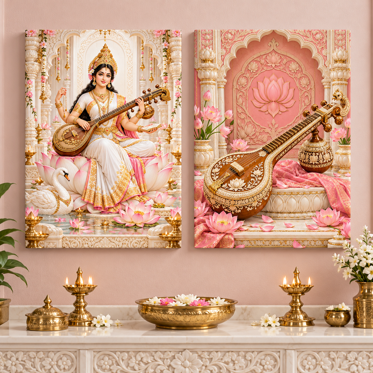 Mother Saraswati Blush Lotus of Learning Canvas Set