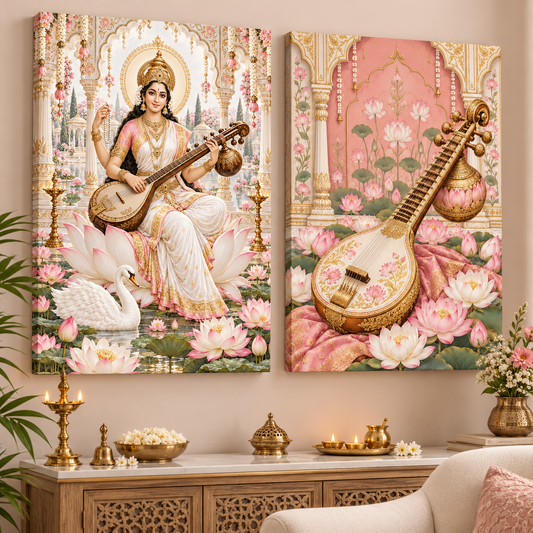 Mother Saraswati Rose Garden Veena Canvas Set