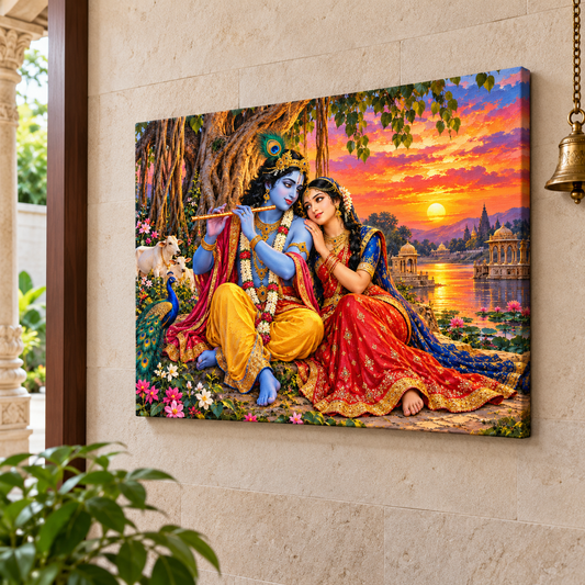 Radha Krishna Beneath the Sunset Tree Canvas
