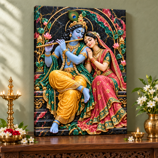 Radha Krishna Emerald Lotus Harmony Canvas