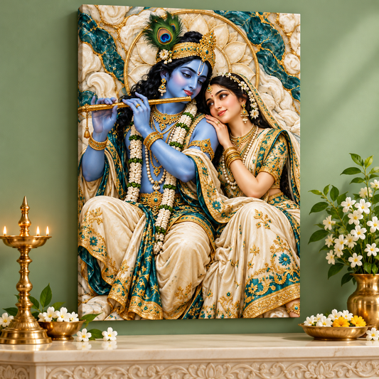 Radha Krishna Ivory Emerald Affection Canvas
