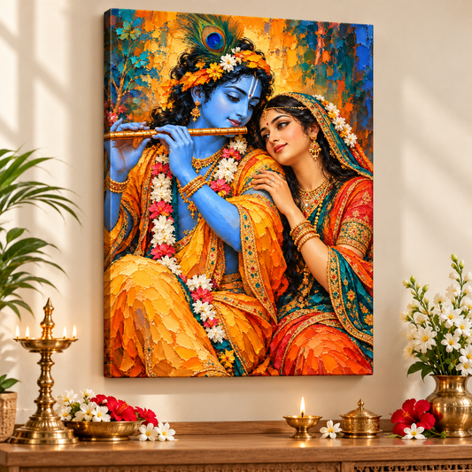 Radha Krishna Saffron Colour Symphony Canvas