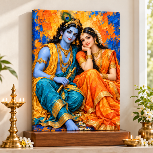 Radha Krishna Saffron Teal Companions Canvas